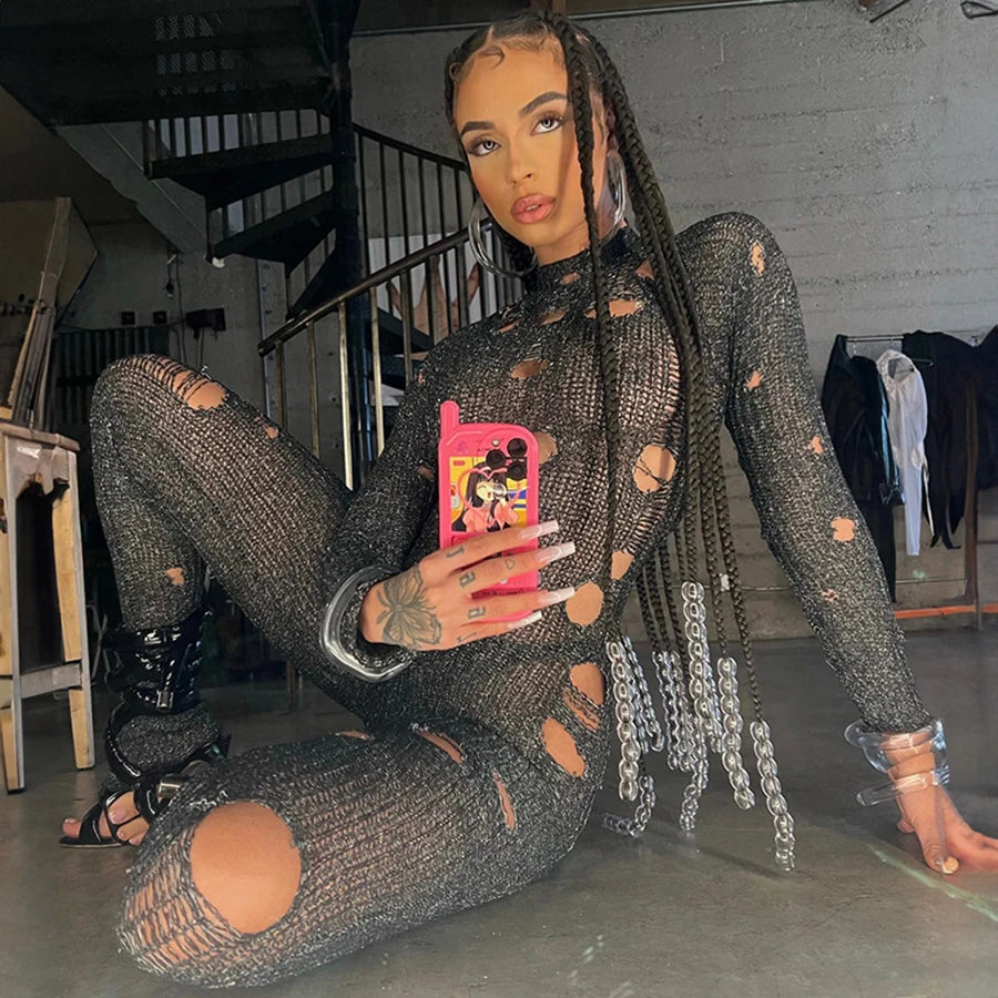 Oem Autumn Solid Long Sleeve O-neck Casual Knit Holes Long Sleeve Jumpsuit Streetwear Casual Women's Ripped Jumpsuit