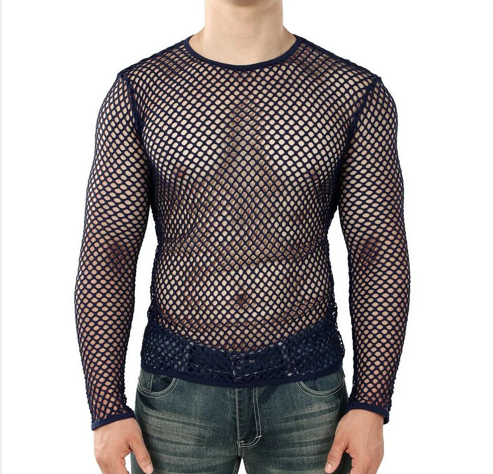 Mens Transparent Sexy Mesh T Shirt New See Through  Fishnet Long Sleeve Muscle Undershirts Nightclub Party Perform Top Tees