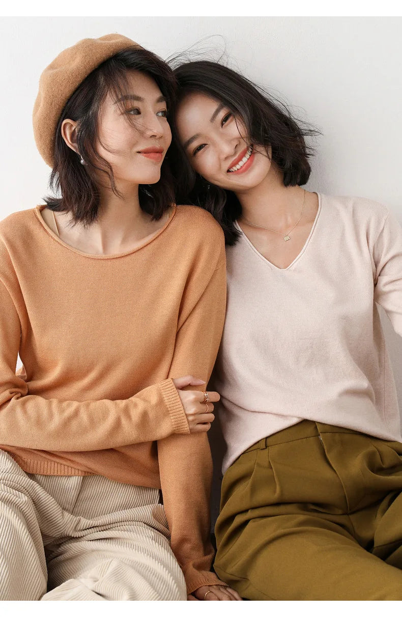 2025 Spring Autumn Womens Sweater Solid Knitwear Korean Loose Female Basic Casual Jumpers Stretch Pullover Sky Blue Pink Sweater