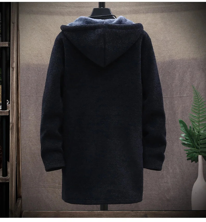Mens Long Knit Cardigan Autumn Winter Sweater Coat Fleece Heavy Hooded Trench Coat Solid Chenille Men's Fashion Jacket