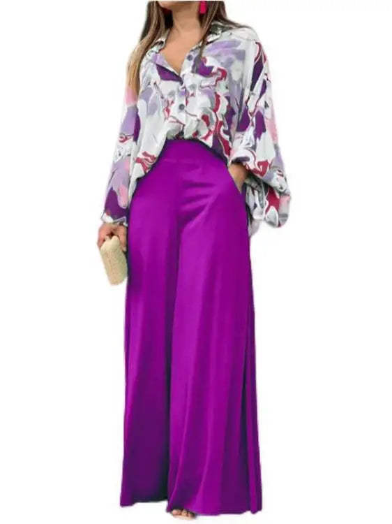 Women's Spring Pants Set Casual Two Piece Set Loose Long Sleeve Shirt High Waist Wide-leg Pants Fashion Pants Suits