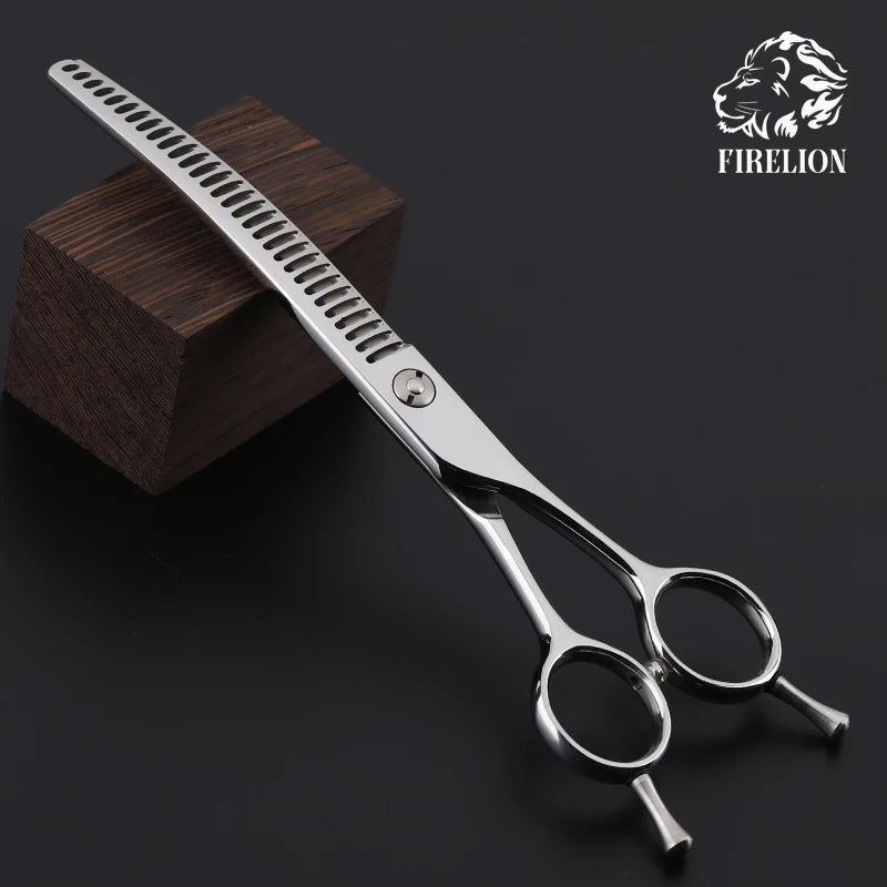 FIRELION 7.5 Inch High Quality Profession Pet Grooming Scissors Dog Chunker Shark Teeth Curved Thinning Scissors