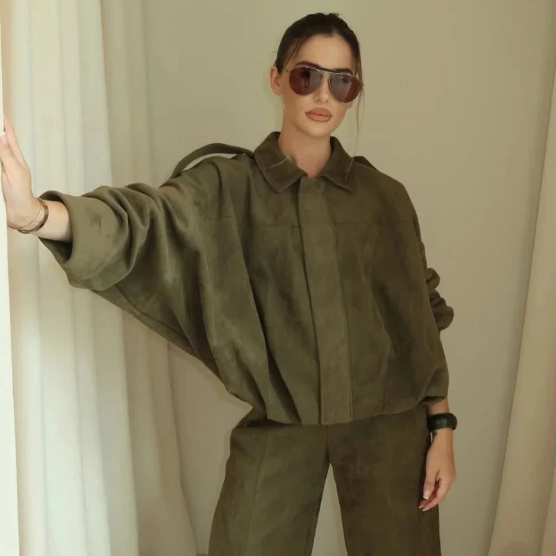 Women 2025 High Street Cropped Racing Jackets Coats Outerwears Lapel Long Sleeve Zipper Suede Jacket Women's Bomber Jacket
