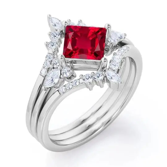 925 Sterling Silver 18K Gold Plated Princess Cut Lab Created Ruby Classic Solitaire Double Crown Engagement Ring for Party