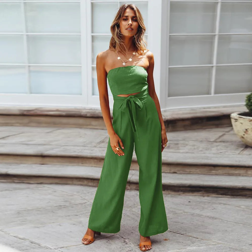 New Style Women's Summer Casual Breathable Loose Solid Color Sleeveless Jumpsuit Strapless Wide Leg Long Pants Party Set