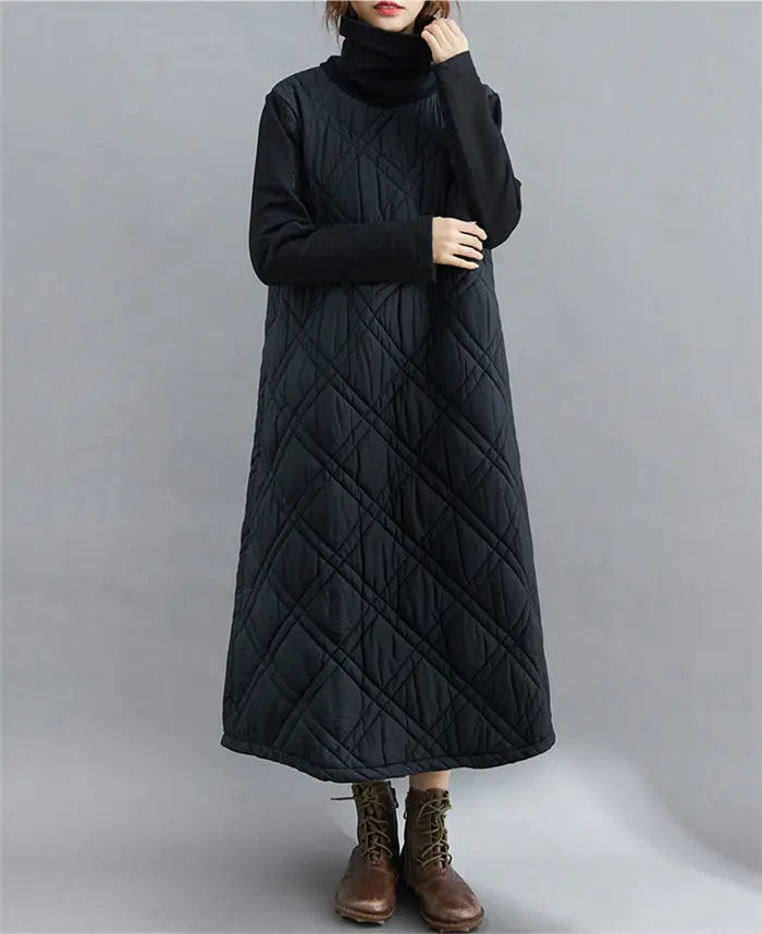 Retro Quilted Diamond Dress Thick Stitching Warm Autumn Winter Clothing New Women's High-Neck Casual Long Tunic y750