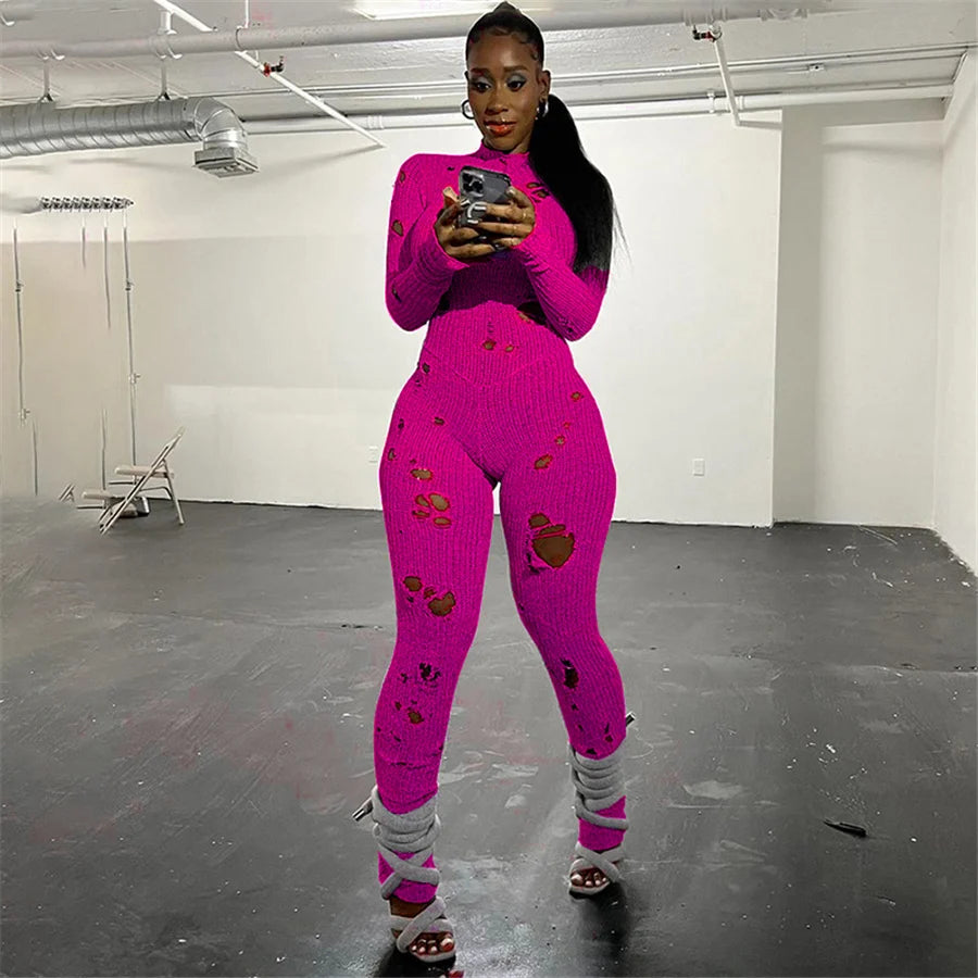Oem Autumn Solid Long Sleeve O-neck Casual Knit Holes Long Sleeve Jumpsuit Streetwear Casual Women's Ripped Jumpsuit