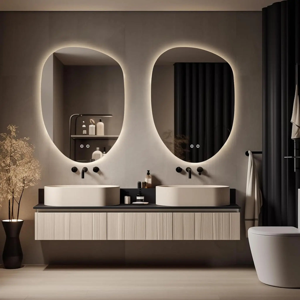WallBeyond 23 X 32 Inch Tempered Glass LED Bathroom Vanity Mirror Wall Mount with Lights Clear Irregular Shape