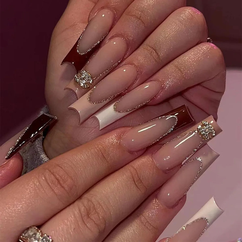Dropshipping 24 Pcs French Style Romantic Art Acrylic Press on Nails Artificial Fingernails Candy False Nails Dating  Party 2792