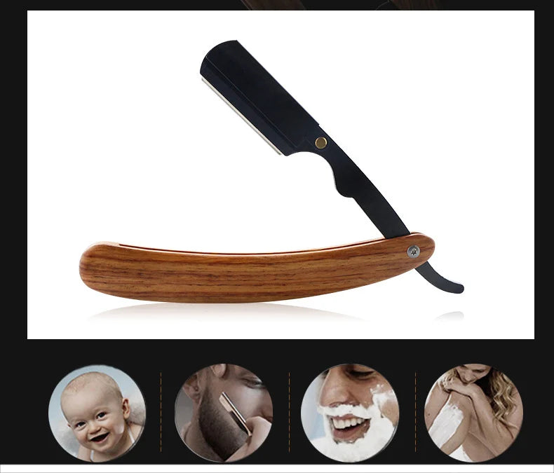 wooden trimmer manual shaver professional straight edge stainless steel sharp barber razor folding shaving blade shave beard cut