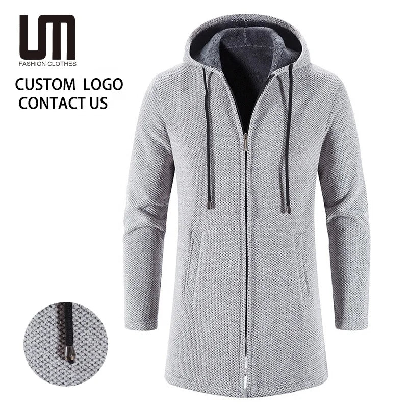 Liu Ming Men's Thick Warm Fleece Cardigan Winter Trending Casual Windbreaker Jackets with Zipper Closure Knitted Sweater Hooded