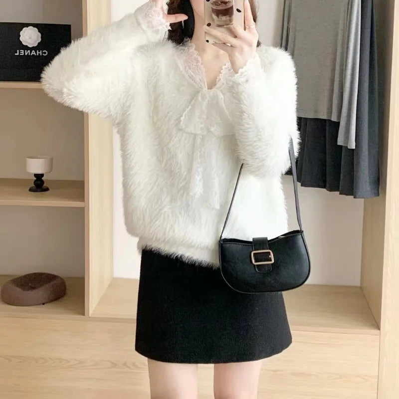 Ladies Casual V Neck Long Sleeve Mohair Lace Sweater Front Logo Patchwork Design Loose Fit