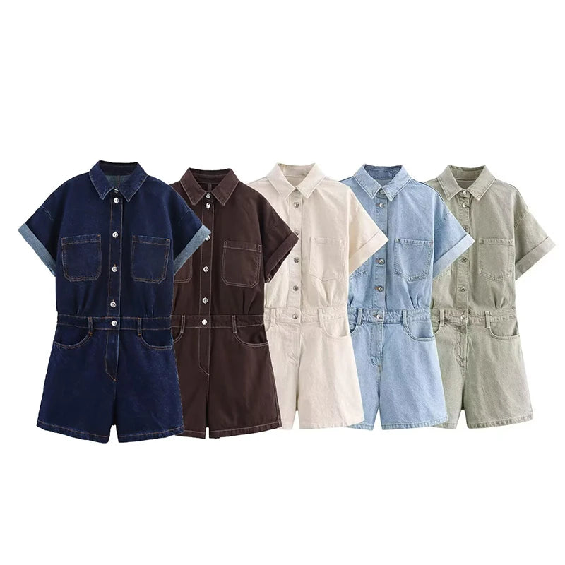 ZATRHMBM Women's Clothing 2025 Spring New Fashion Denim Short Jumpsuit Retro High Waist Zipper Placket Ladies Jumpsuit Mujer