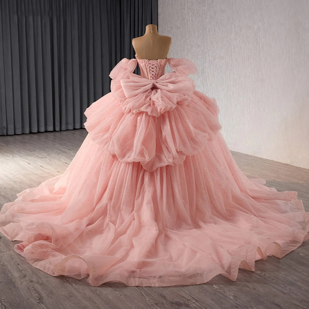 Glitter Pearls Pink Quinceanera Dresses Puff Sleeves Ball Gowns Sweet 15 16 Birthday Dress Rsm241101