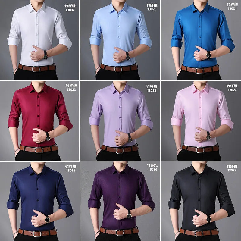 Bamboo Fiber Shirt  Long Sleeved Shirt Solid Color Elastic Non Ironing Professional Clothing Flip Collar Single Breasted Shirt