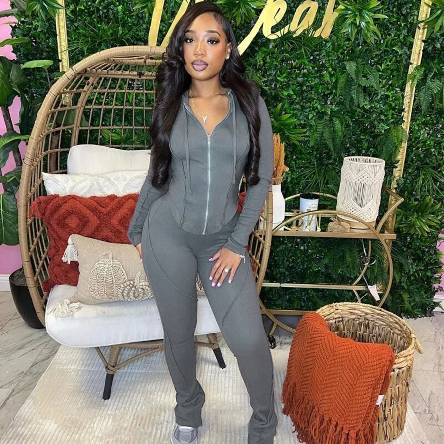 Custom Logo Spring Clothing Casual Women Zipper 2 Piece Set Women Solid Sweat Suit Hooded Women Tracksuit Set