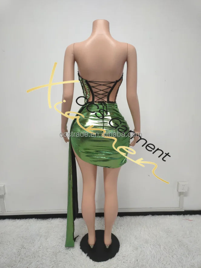 Ocstrade Shiny Rhinestone Performance Wear Solid Color Strapless Asymmetric Draped Sexy Mini Performance Dress for Singer