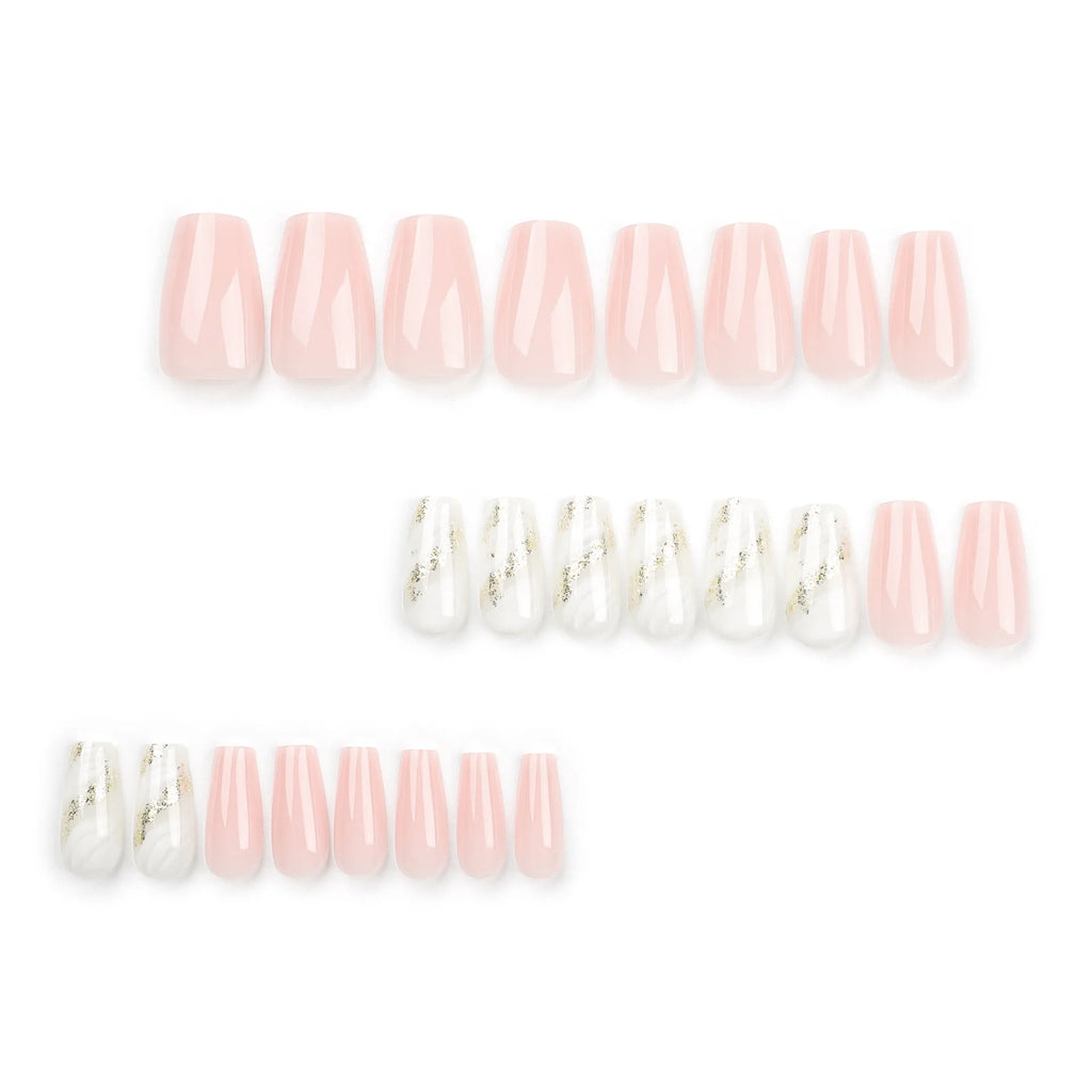 24 Pcs Pink and White Ombre with Gold Glitter Accent Nail Design Acrylic Press on Nails Artificial Fingernails False Nails 3224
