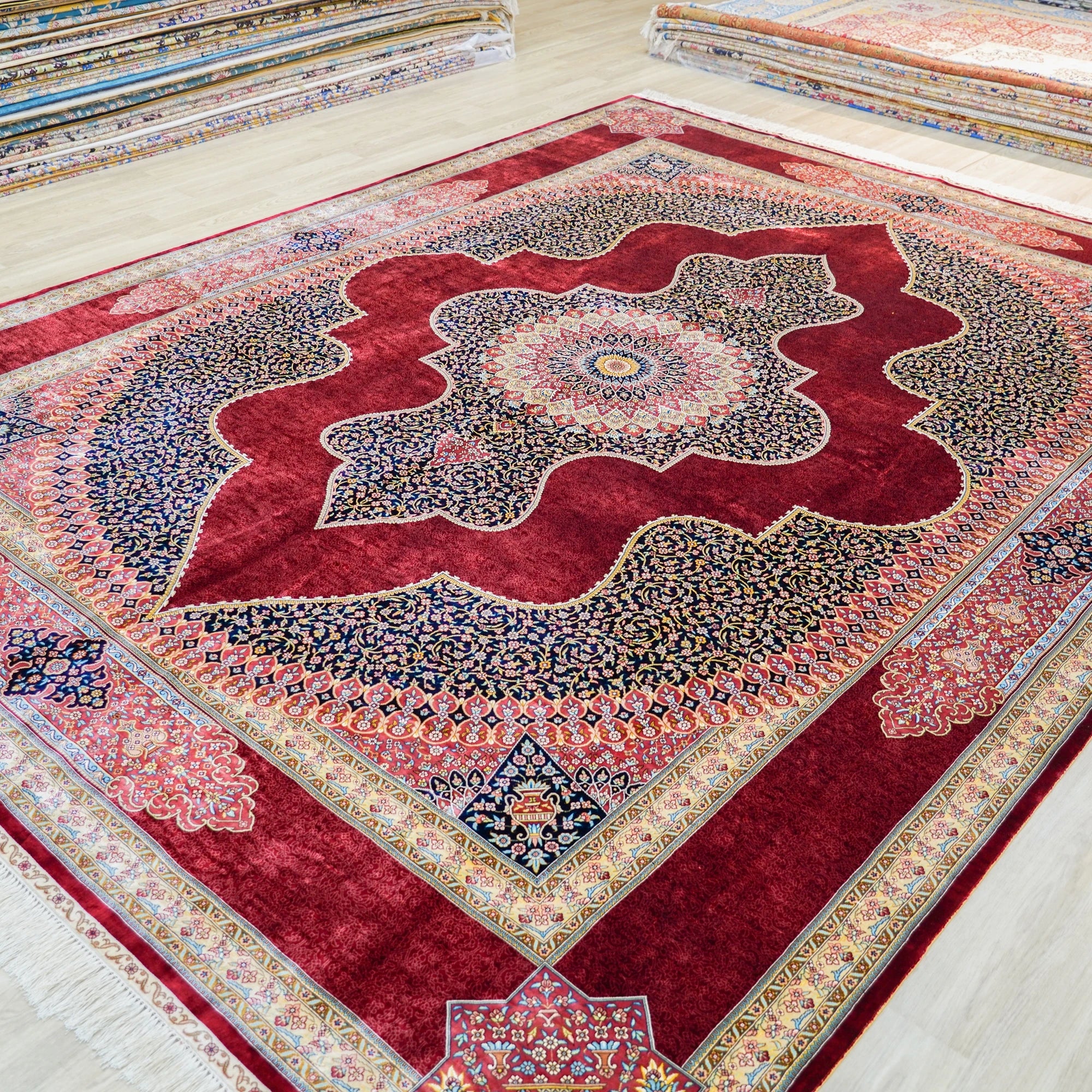 9x12ft Persian Red Hand Knotted Oriental Silk  Rugs Living Room Large Turkish Made in Turkey Silk Rug