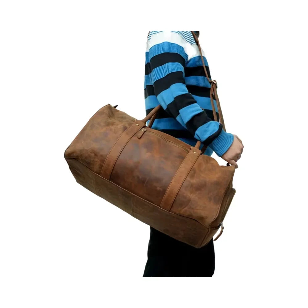 WRIZA Genuine Leather Weekender Bag Vintage Travel Duffel Bag Durable Handmade Overnight Bag Premium Mens Fashionable Carry Bag