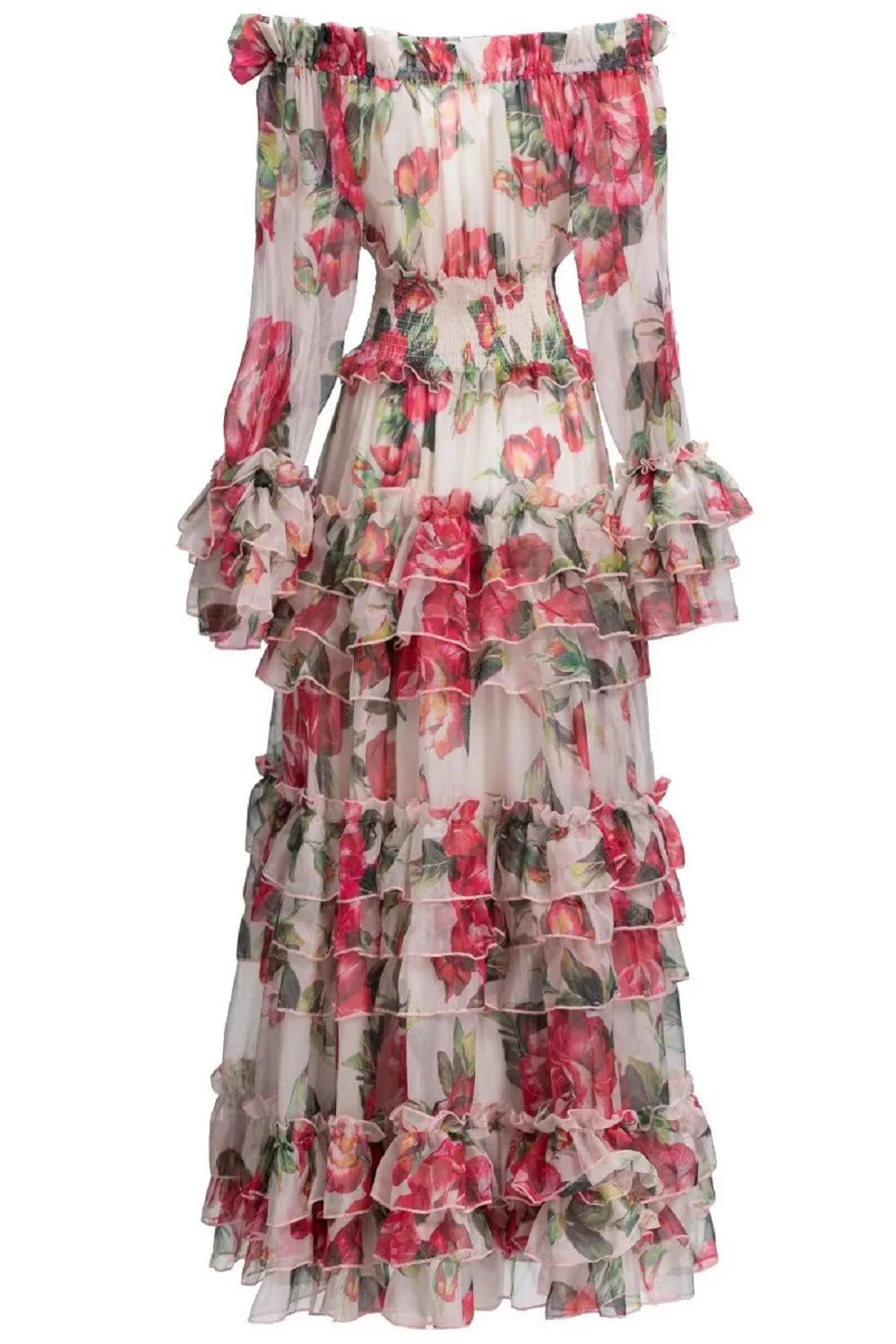 XXL Long Dress 2025 Spring Fashion Women Sexy Slash Neck Red Floral Green Leaves Print Flare Sleeve Casual Bohemia Maxi Dress