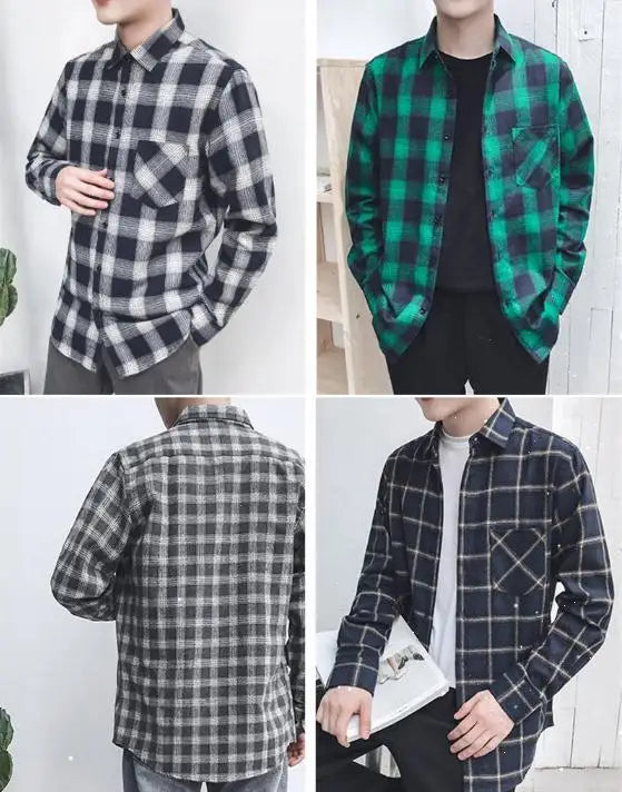 38-44 Quality Flannel Plaid Men Shirt Cotton Spring Autumn Casual Long Sleeve Dress Shirts Soft Comfort Slim Fit Button Down