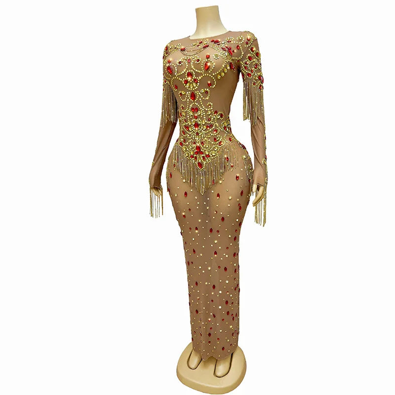 Summer New Mesh Micro Transparent Luxury Elegant Evening Wear Birthday Party Ball Performance Costume Rhinestone Dress