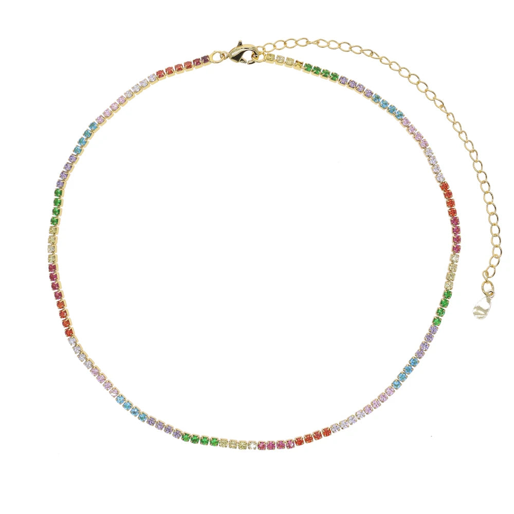 2024 New Arrived Hot Selling European Women Jewelry Choker 2mm CZ Tennis Chain rainbow Necklace for Women