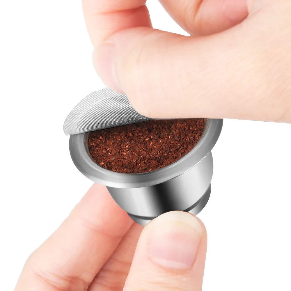 Icafilar Reusable Coffee Capsule Pod for Nespresso Stainless Steel Espresso Crema Coffee Filter Aluminum Foils Lid Tamper Dosing