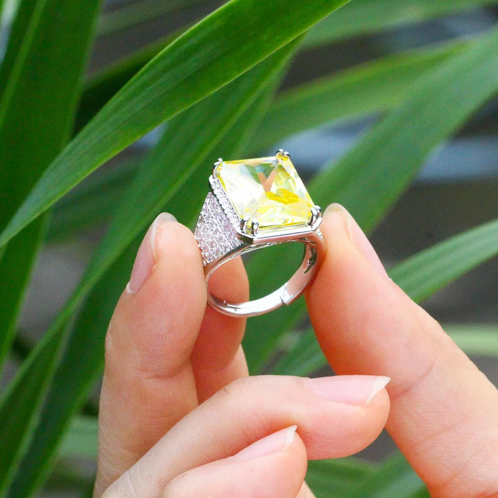 Classic Princess Cut Big Rectangle Chunky Blue Yellow Cubic Zircon Stone Women Wedding Engagement Rings Adjustable Size Jewelry