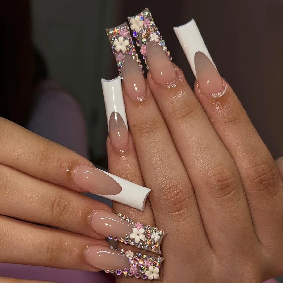 Dropshipping 24 Pcs French Style Romantic Art Acrylic Press on Nails Artificial Fingernails Candy False Nails Dating  Party 2792