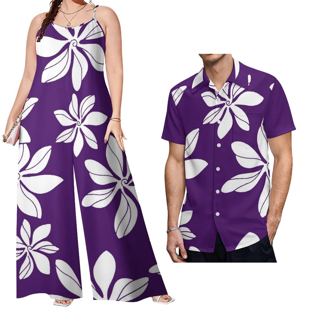 Custom on Demand Set of Couples Hawaiian Tropical Floral Big Size Shirt and Casual Women Halter Rompers Polynesian Couple Suit