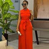 New Fashion Solid Lapel Neck Pocket Design Loose Wide Leg Sleeveless Cargo Jumpsuit Women