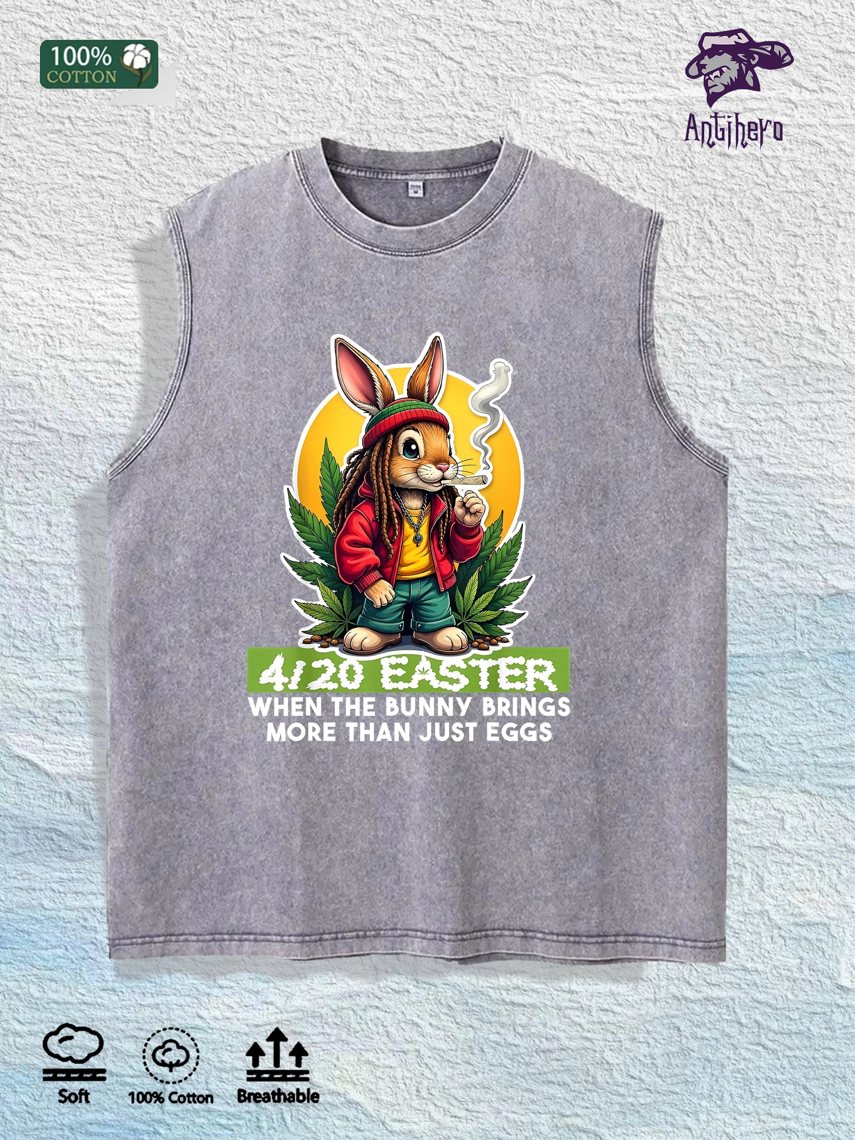 4/20 Easter Bunny Graphic Washed Vest US Warehouse 3 Colors Cotton Tank