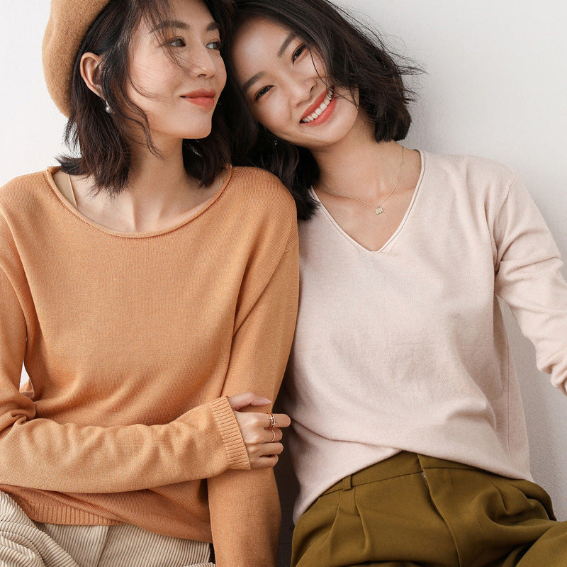 2025 Spring Autumn Womens Sweater Solid Knitwear Korean Loose Female Basic Casual Jumpers Stretch Pullover Sky Blue Pink Sweater