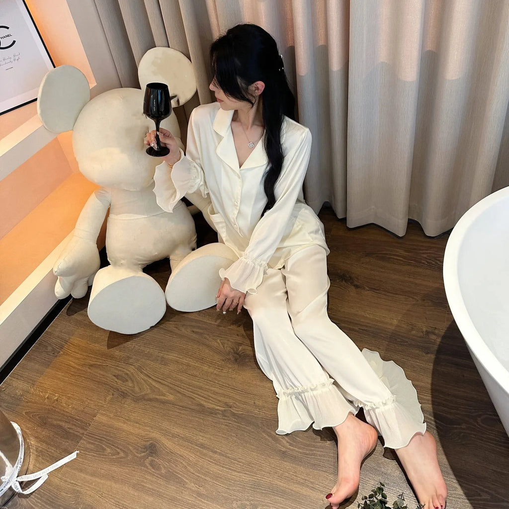 New Women Long-sleeved Pajamas Spring and Autumn Silk Lapel Nightwear Solid Color Stitching Fashion Sleepwear Factory Wholesale