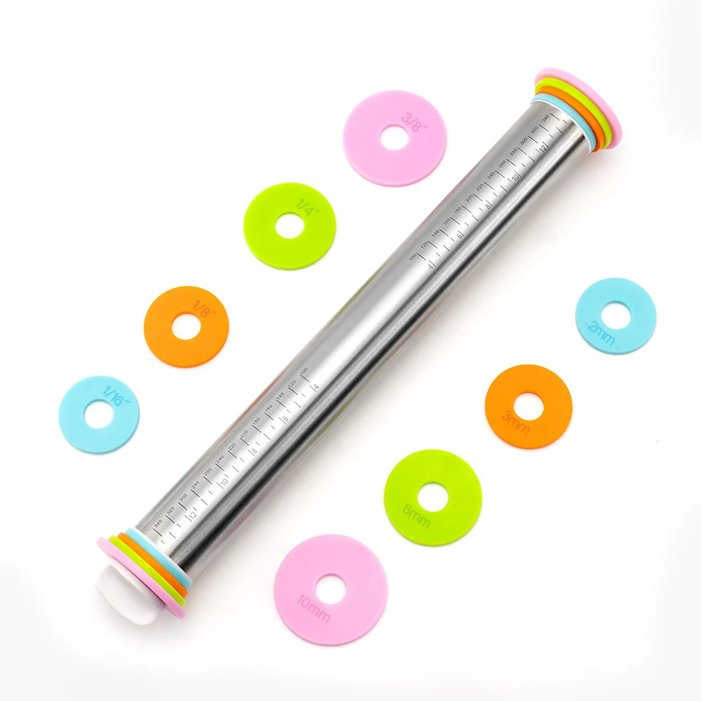 17 Inch Adjustable Thickness Rings 430 Stainless Steel Rolling Pin Baking Dough Pizza Pies Pastries Pasta Cookies Rolling Pins