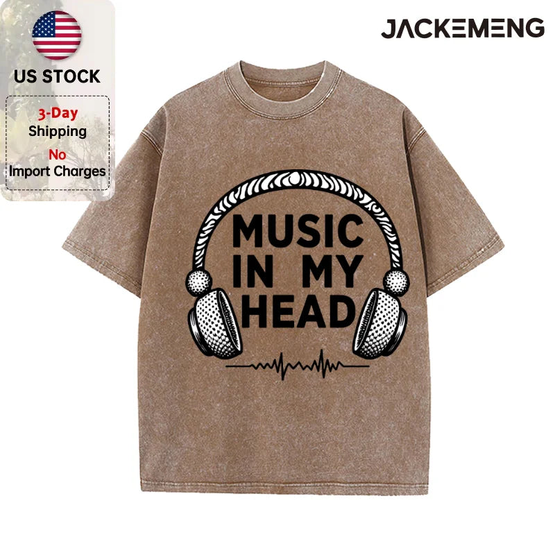 Oversized Washed Retro Music Headphone Streetwear Print Tshirt USA Stock Wholesale Y2K Casual Tee