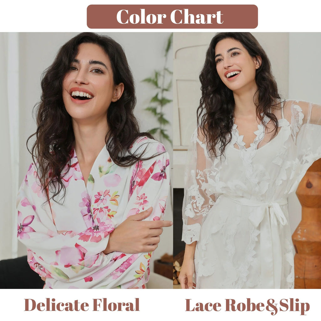FUNG 8008 Blush Floral Print Satin Robe, Puff Sleeve Bridal Party Kimono for Bridesmaids