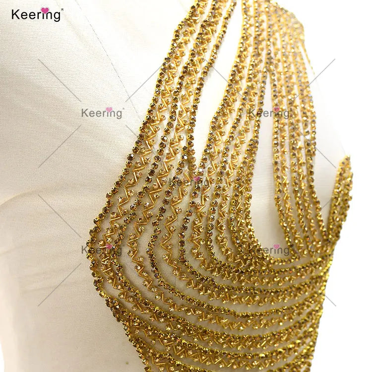 Custom Gold Crystal Rhinestone Applique Tailor Handmade Sewing Accessories for Wedding Gown WDP-516