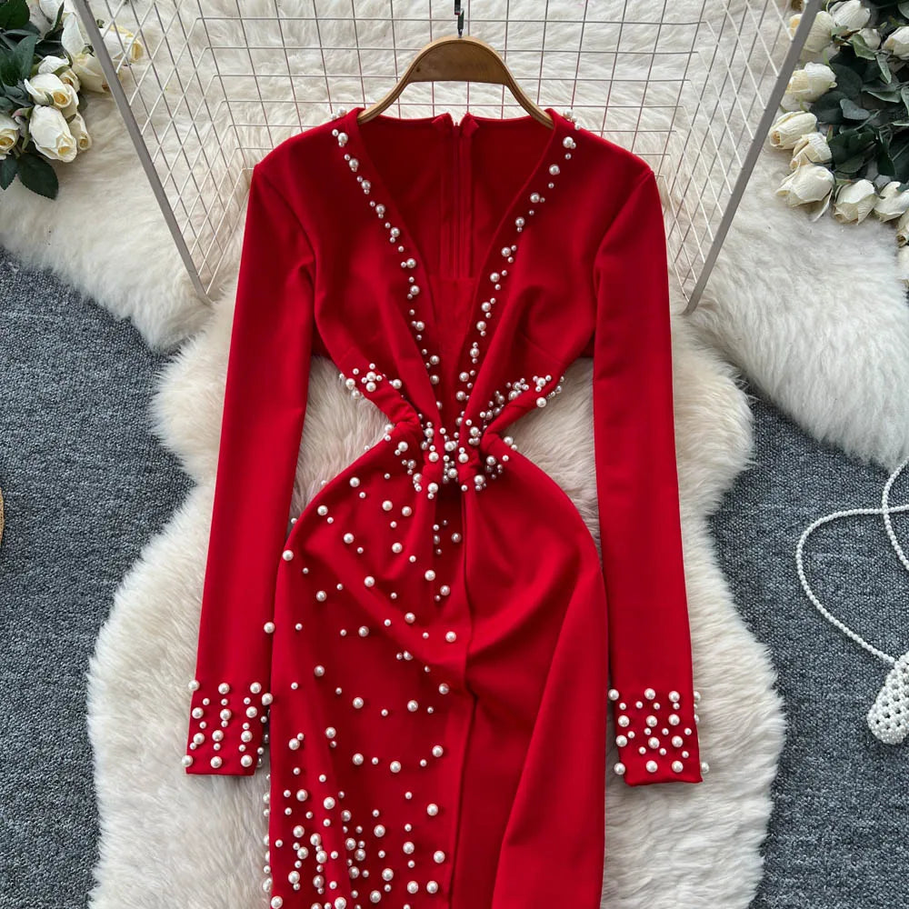 Summer Elegant V-Neck Asymmetric Tunic Hip Midi Dress for Women Empire Beaded Vestidos