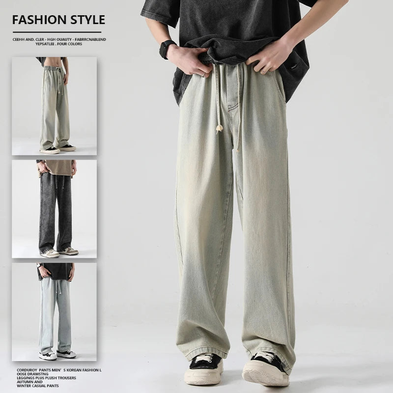 ANSZKTN Men Summer Cotton Lose Jeans Stretchy Casual Mid Waist Plus Size Elastic Band Men's Denim Wide Leg Jeans Pants