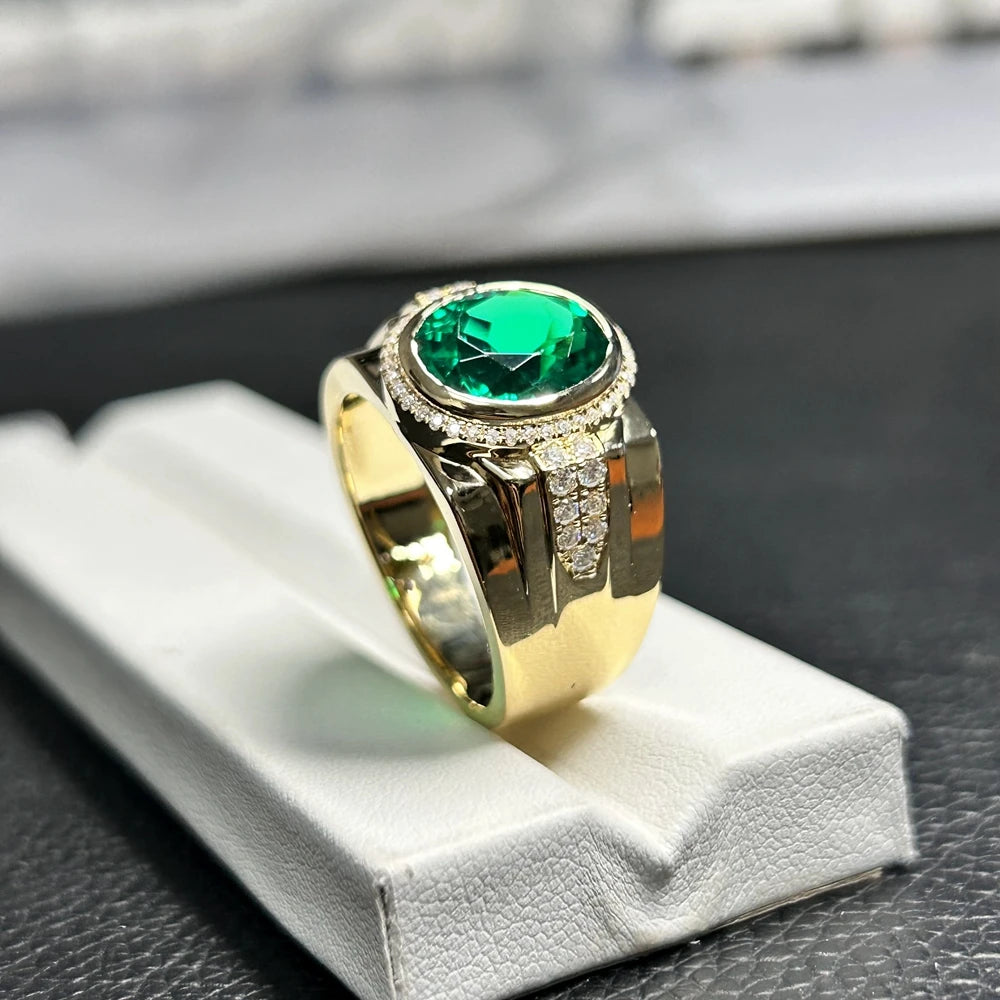 18K Solid Yellow Gold Rings 4 CTS 9.5x11.5mm Lab Green Oval Cut Emerald Gemstone Mens Ring