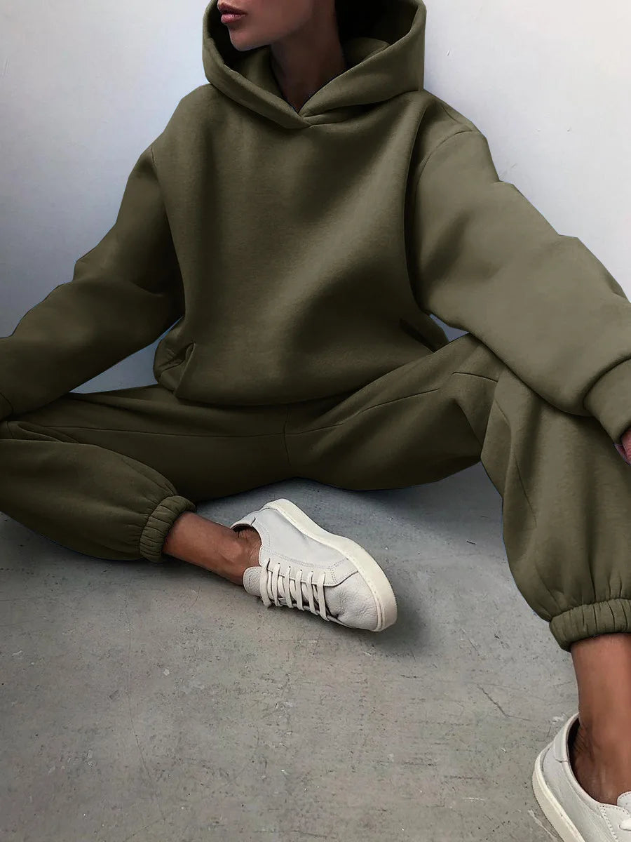 Women's Tracksuit Suit Winter Fashion Warm Hoodie Sweatshirts Two Pieces Oversized Solid Casual Hoody Pullovers Long Pant Sets