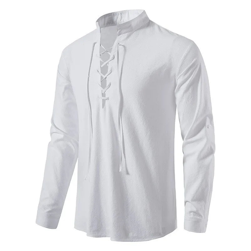 Men's Retro Hippie Beach T Shirt-Summer Casual Short Sleeve Tops Breathable Twill Cotton Linen Stand Collar Henry Drawstring