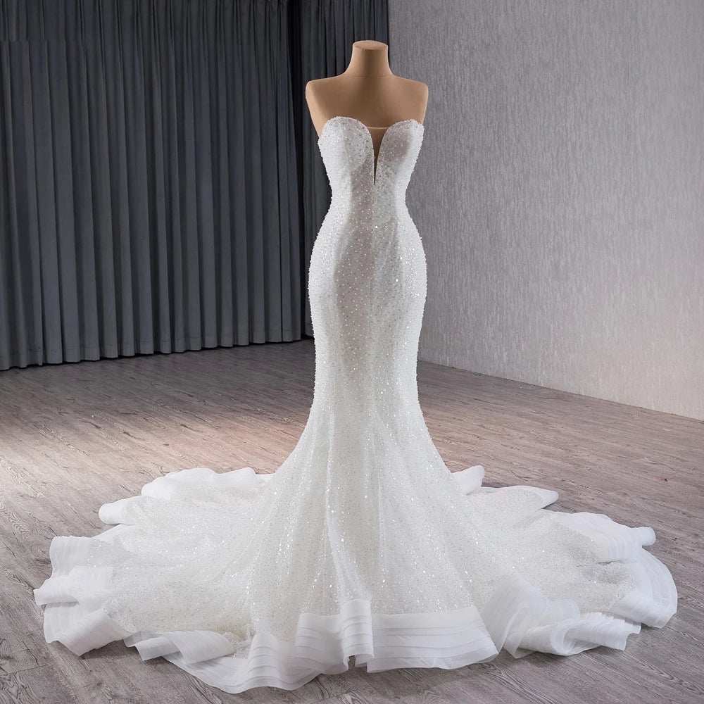 Jancember 241115 Beach Sweetheart Pearls Slim Mermaid Wedding Dress With Detachable Sleeve