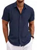 Men's Lapel Cotton Hemp Cardigan Short Sleeve High Quality Solid Color Shirt Summer Home Short Sleeve Sehe Fashion