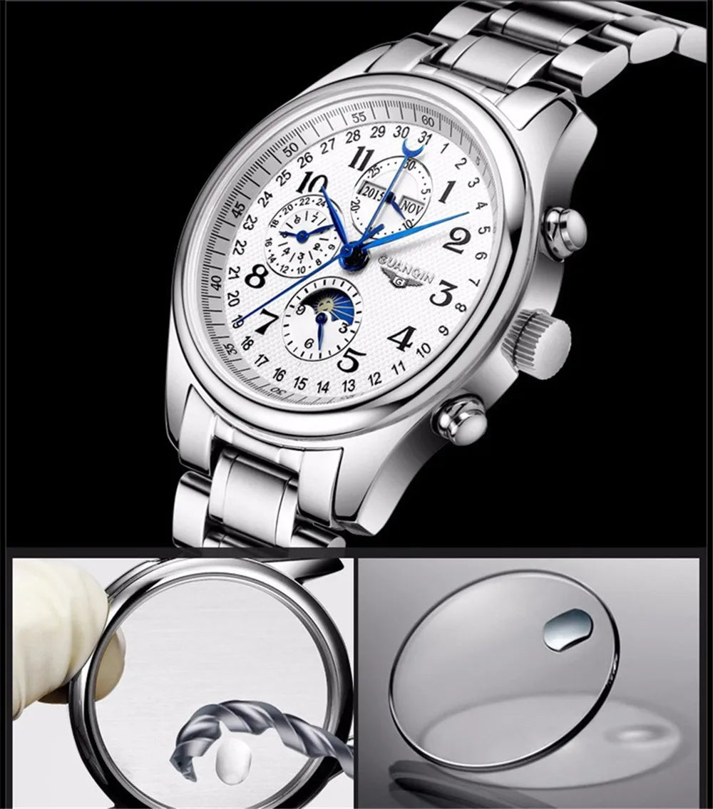 GUANQIN Leather Steel Mechanical Sapphire Men Watches Top Brand Luxury Waterproof Automatic Wristwatch Calendar Moon Phase