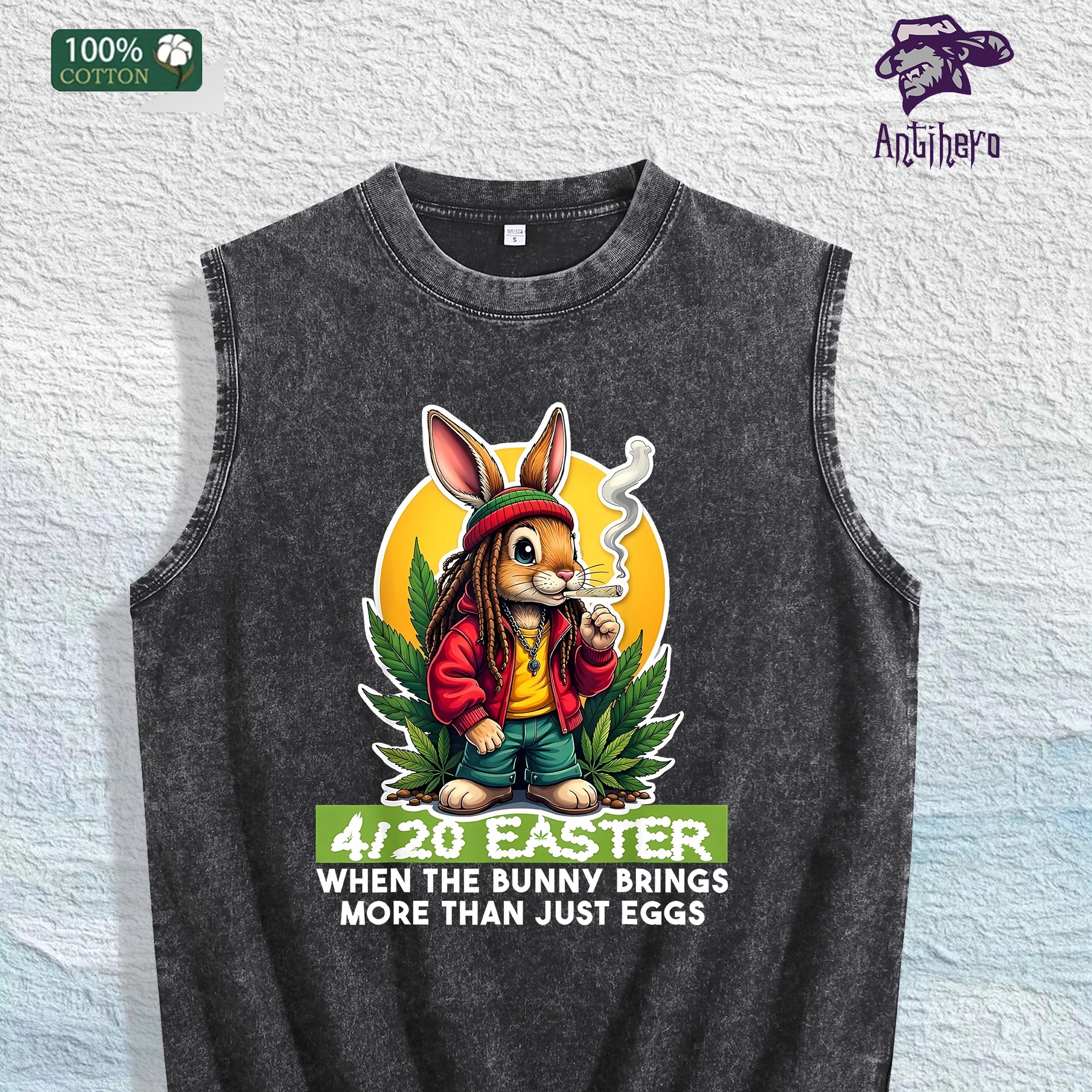 4/20 Easter Bunny Graphic Washed Vest US Warehouse 3 Colors Cotton Tank
