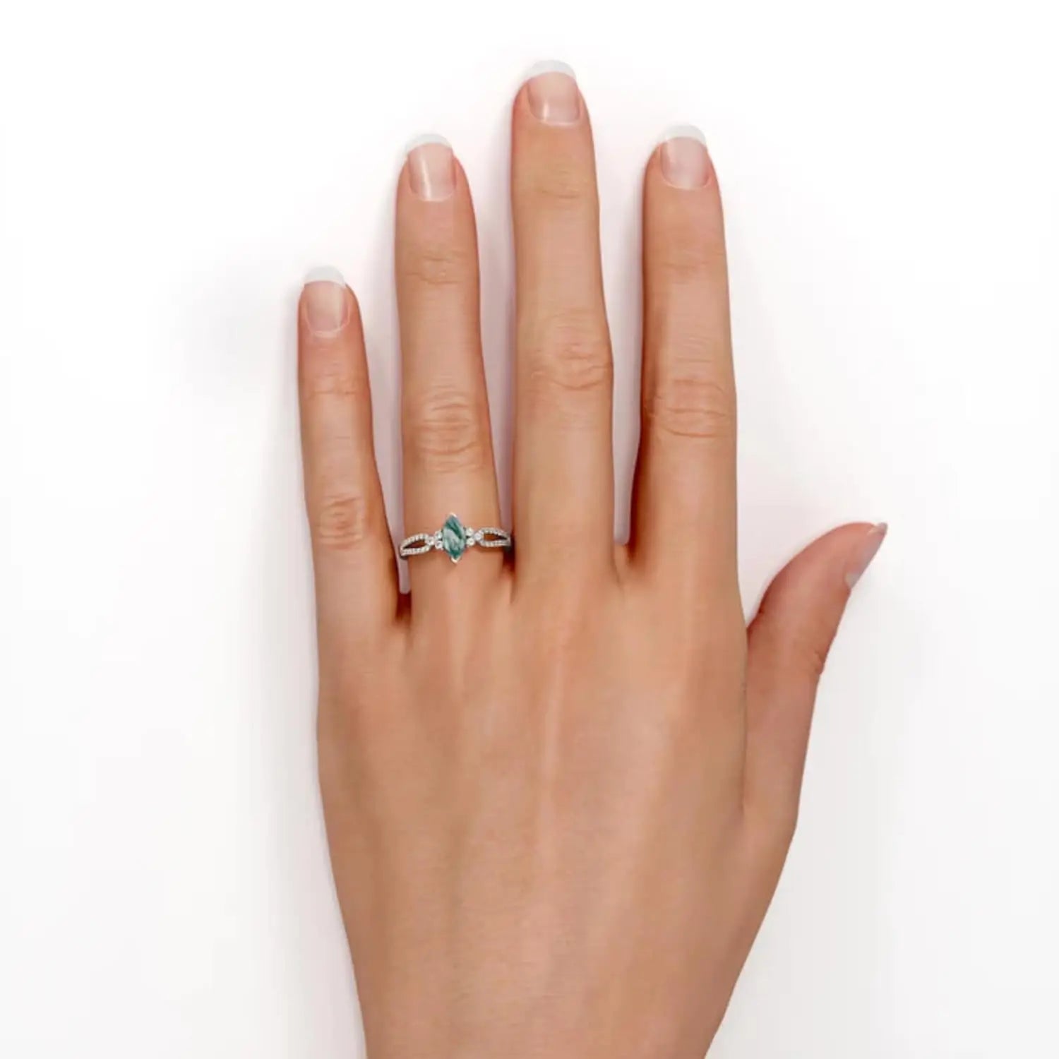 925 Sterling Silver Marquise Cut Engagement Ring with Moss Agate Moissanite Double Shank Engraved Design Prong Set Luxury Style